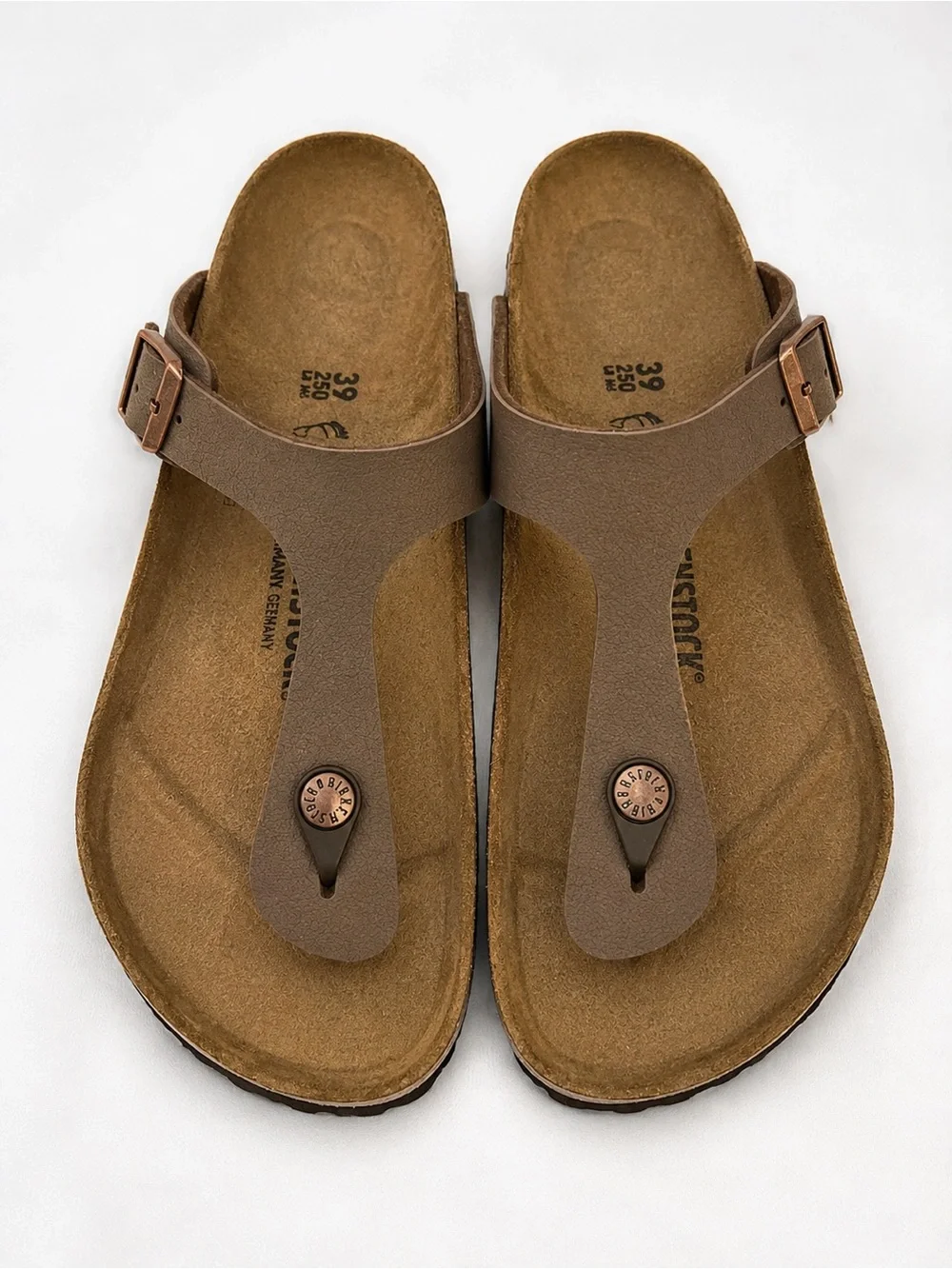 Birkenstock Brown Thong Sandals with Copper Buckles - Picture 1 of 4